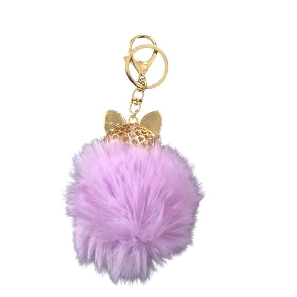 Purple Faux Fur Pom Pom Keychain with Rhinestone Fox Head - Picture 3 of 3